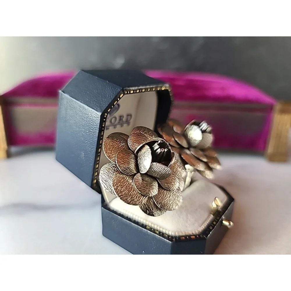 Vintage Silver Tone Metal Floral Clip-on Earrings